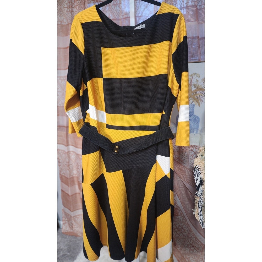 Danny and Nicole Geometric Belted Midi Dress Yellow Black White Round Neck 22W